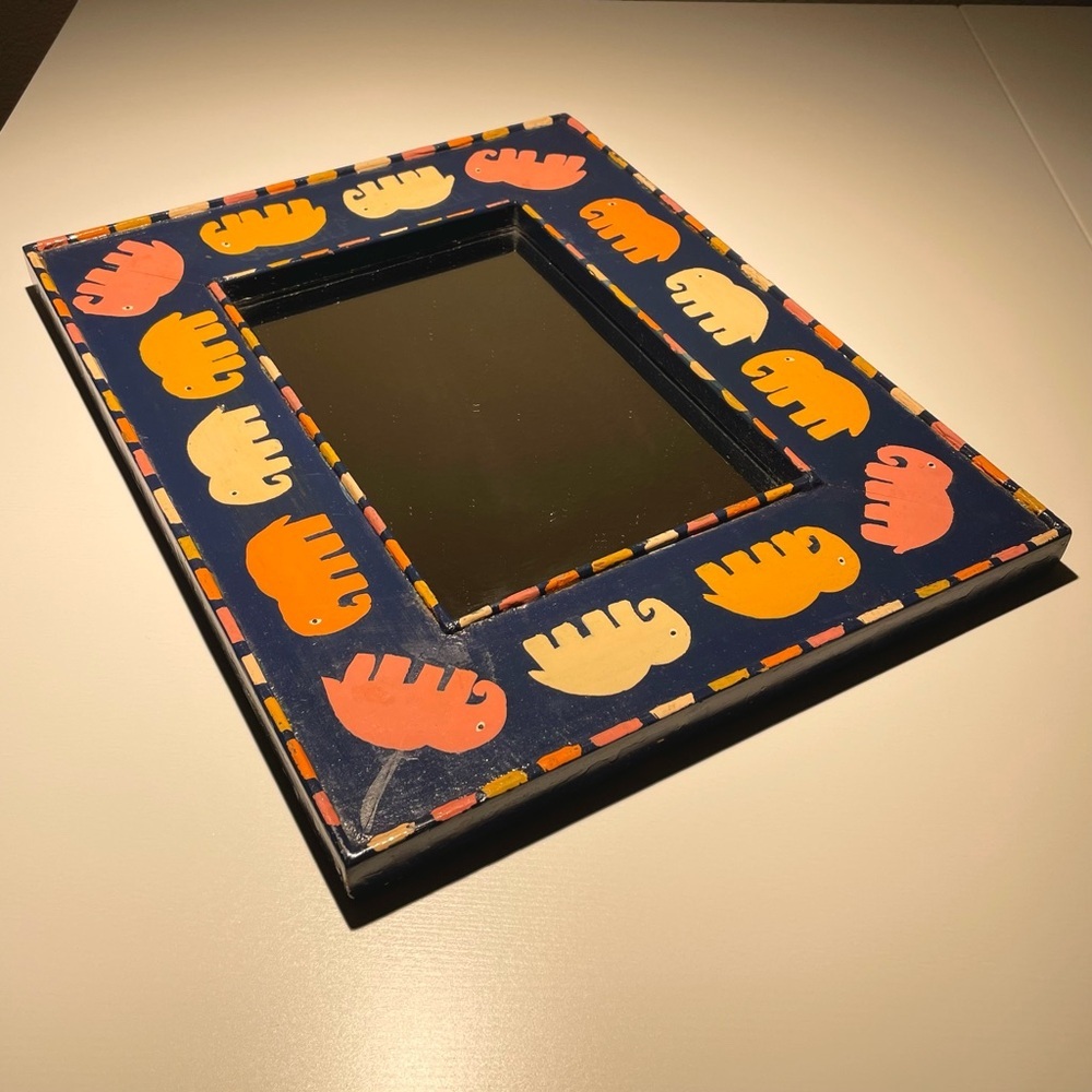 VTG Hand Painted Framed Rectangular Wall Mirror Elephant Motif Blue Orange